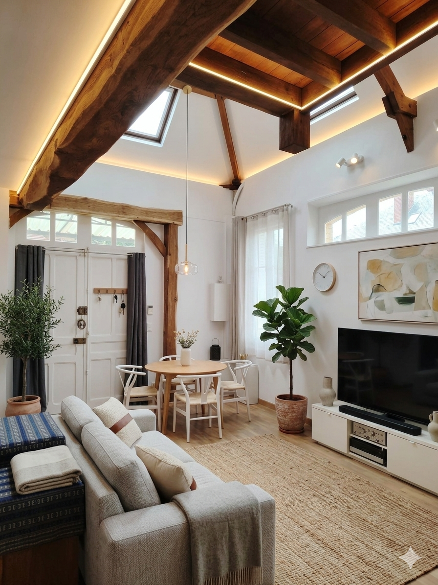 Loft des Andelys — salon avec poutres et verrières